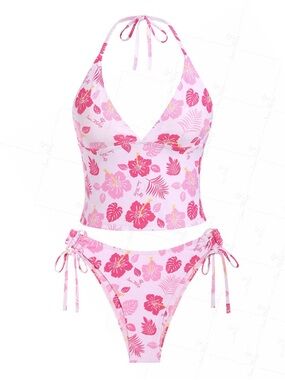 Girls Pink Floral Halter One-Piece Swimsuit NWT
